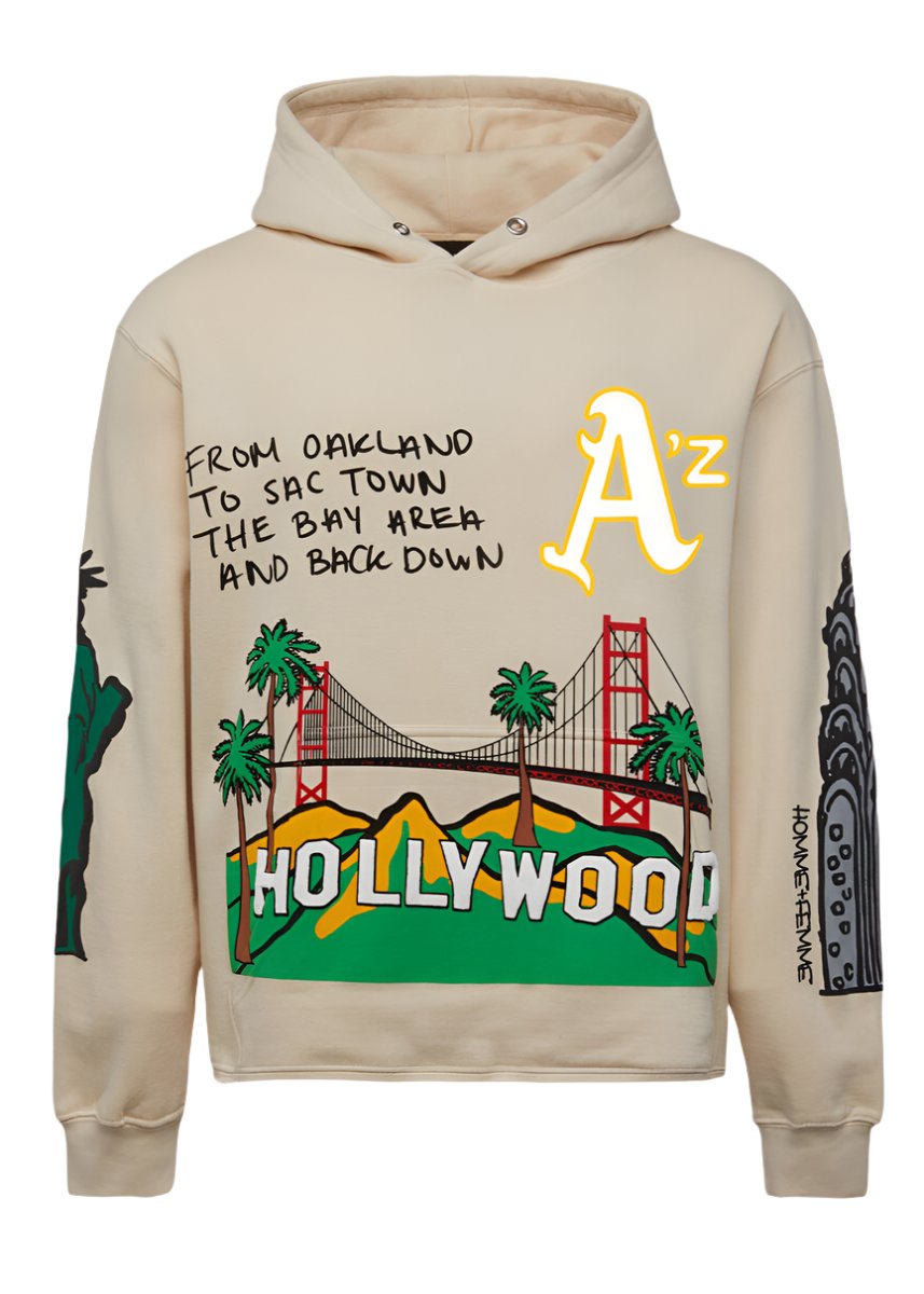 Homme + Femme Cali to NYC Hoodie in cream with puff print landmarks – view 1 of 2