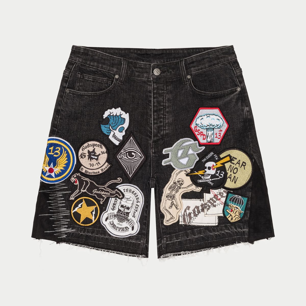 Godspeed Patchwork Denim Shorts V2 in black – view 1 of 4