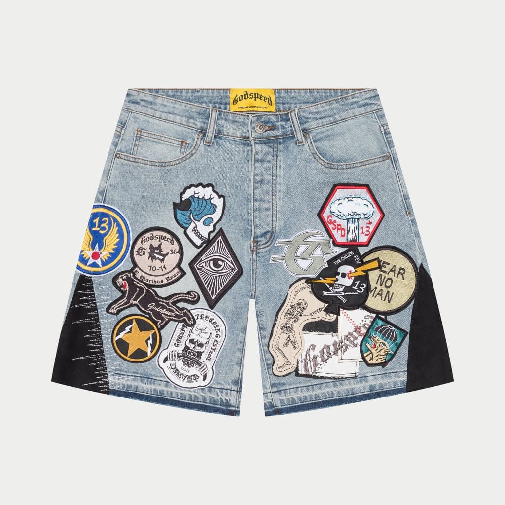 Godspeed Patchwork Denim Shorts V2 in blue – view 1 of 4