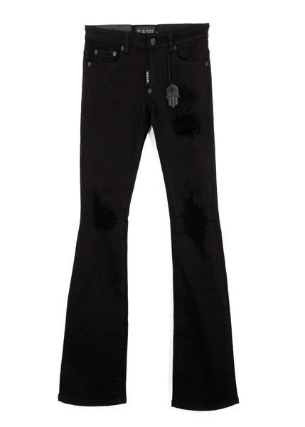 KASH OPEN DISTRESSED STACKED DENIM - BLACK