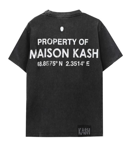 Kash grey wash tee, back, printed Property of Maison Kash with coordinates