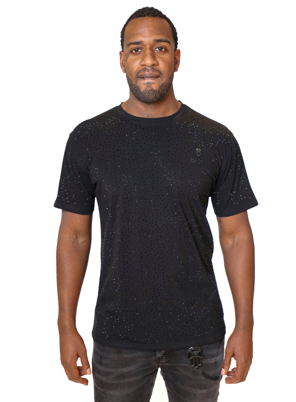 KASH DIAMOND COLLECTION-BLACK TEE SHIRT WITH BLACK CRYSTALS