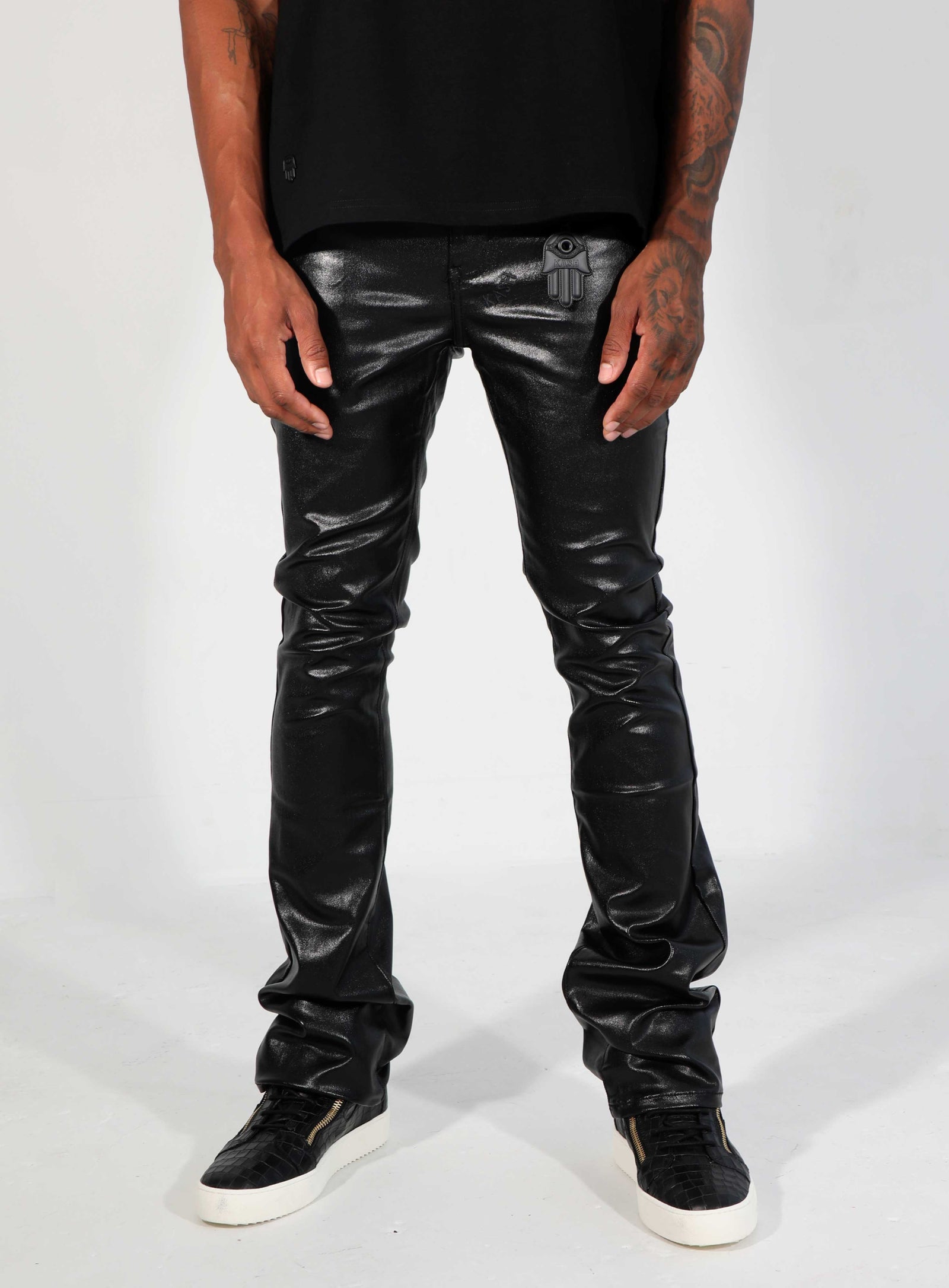 Kash Vegan Leather D-Stacked Pants in black, faux leather stacked pants – view 3 of 10