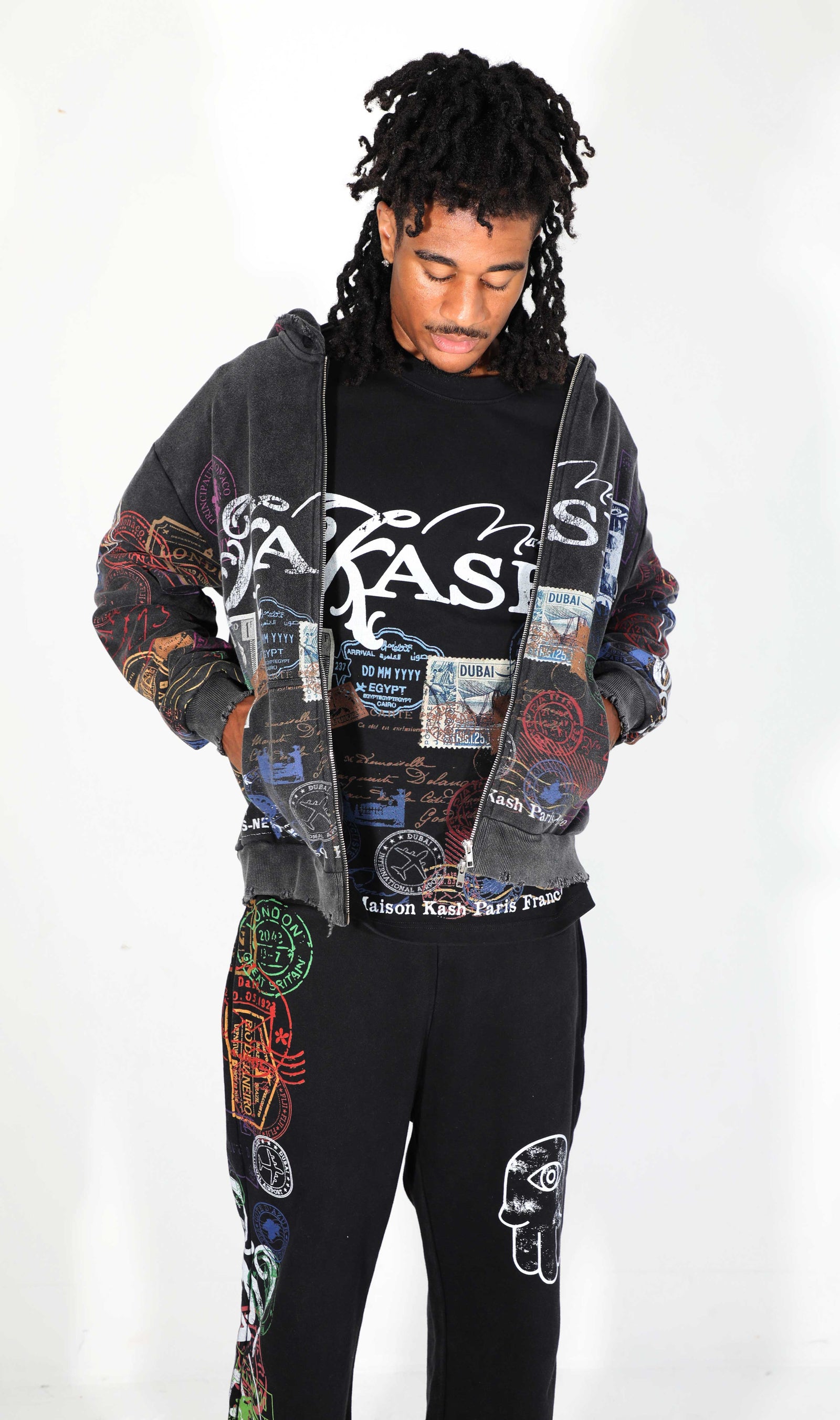 Kash Passport Collection Distressed Hoodie in black – view 6 of 10