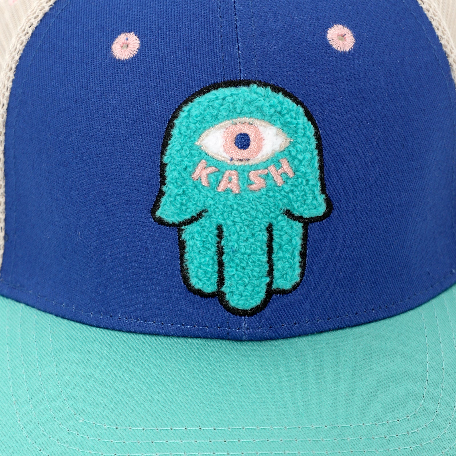 Kash chenille Hamsa snapback in blue with green – view 4 of 5