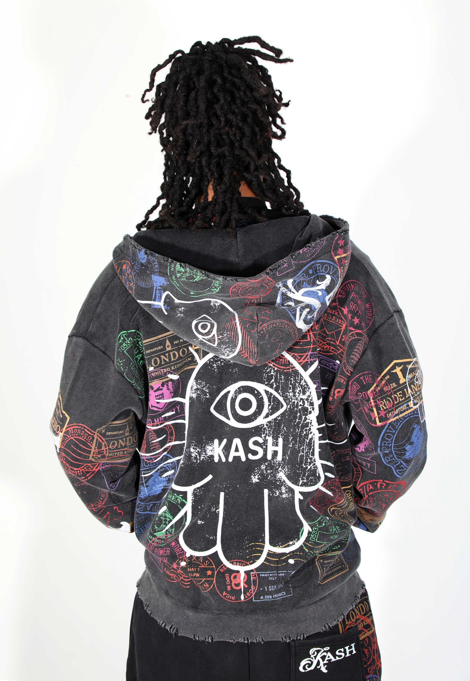 Kash Passport Collection Distressed Hoodie in black – view 4 of 10