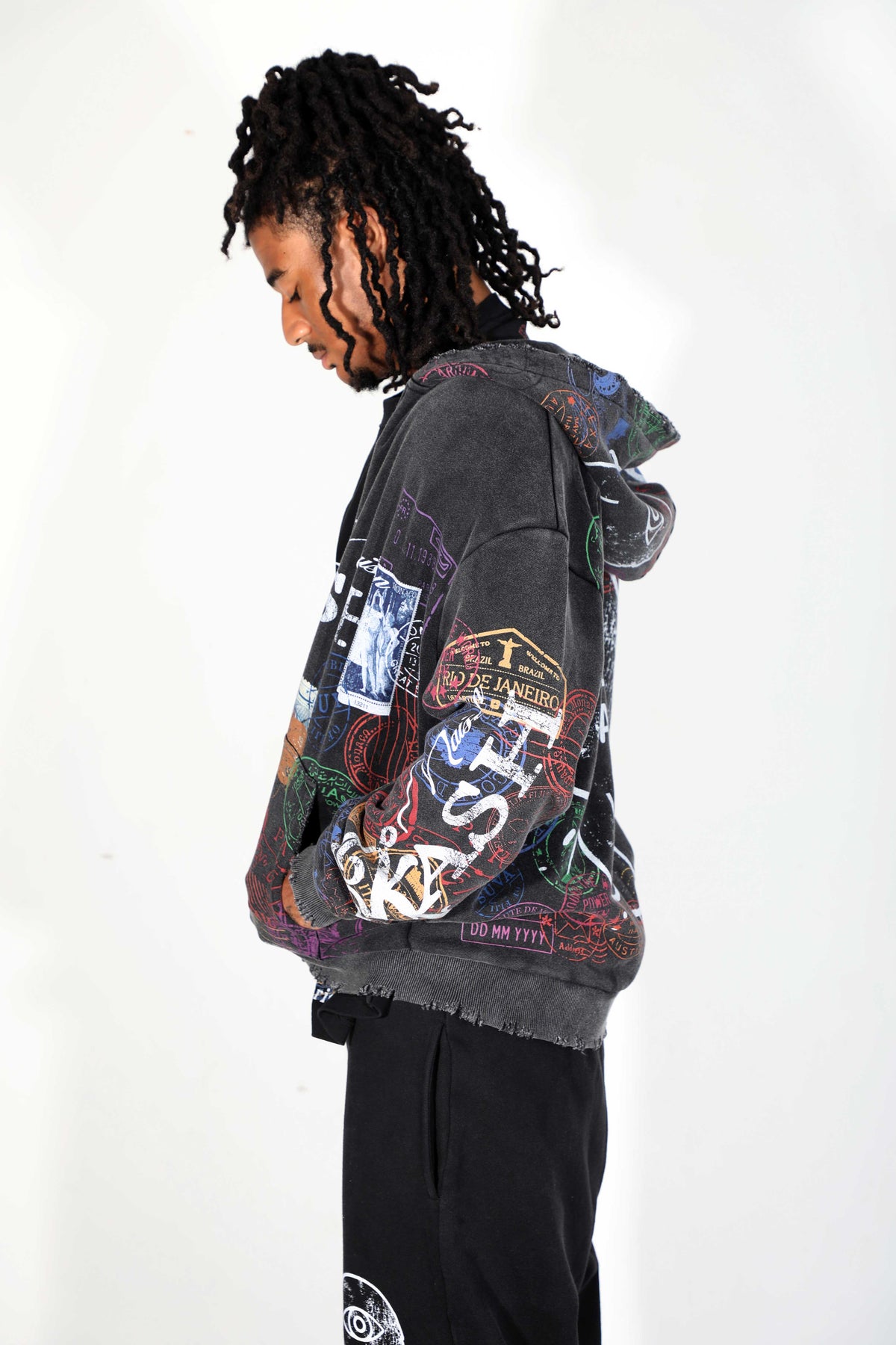 The Kash Passport Collection Luxury Hoodie with Distressed Details - Black