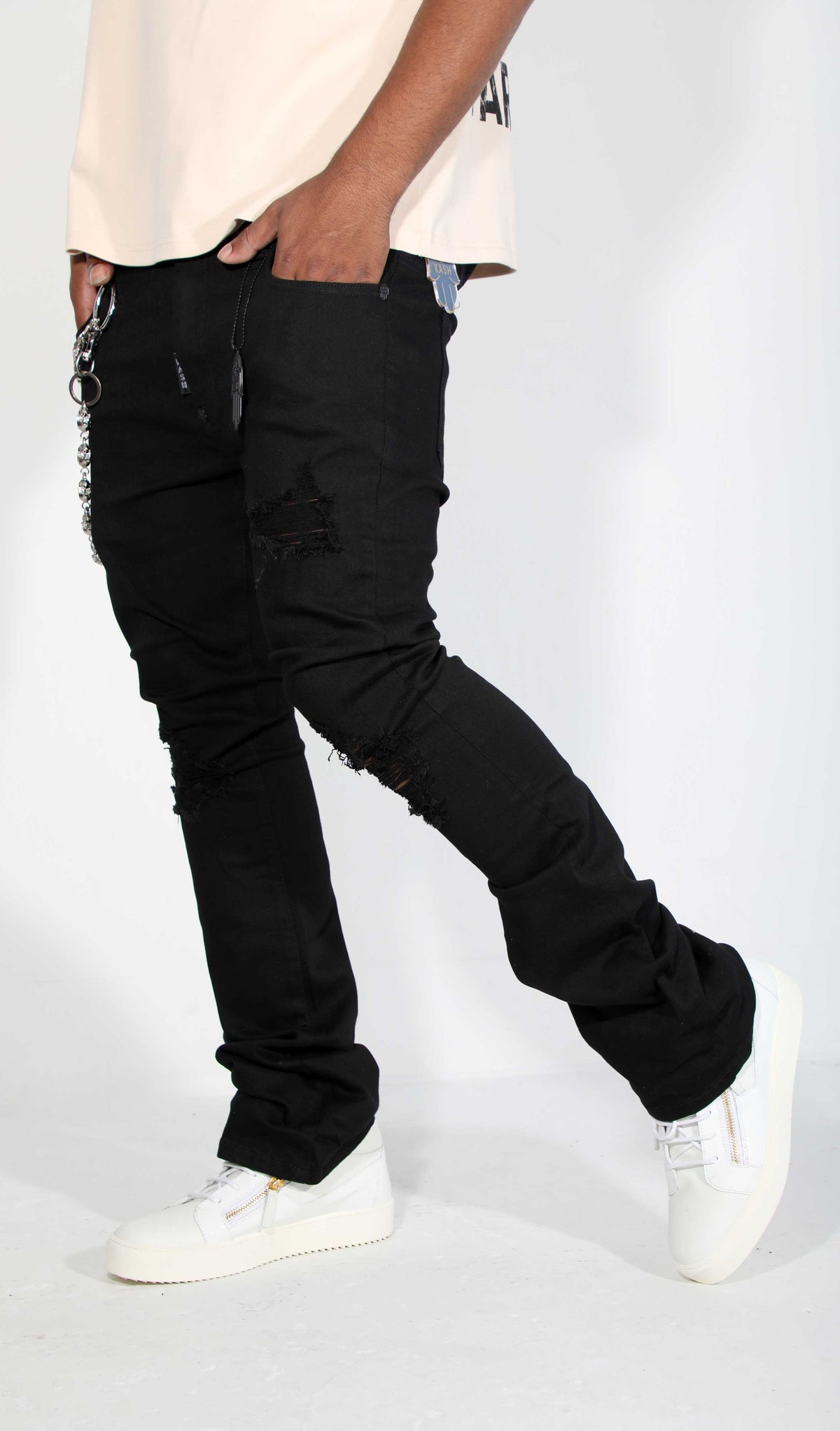 KASH OPEN DISTRESSED STACKED DENIM - BLACK