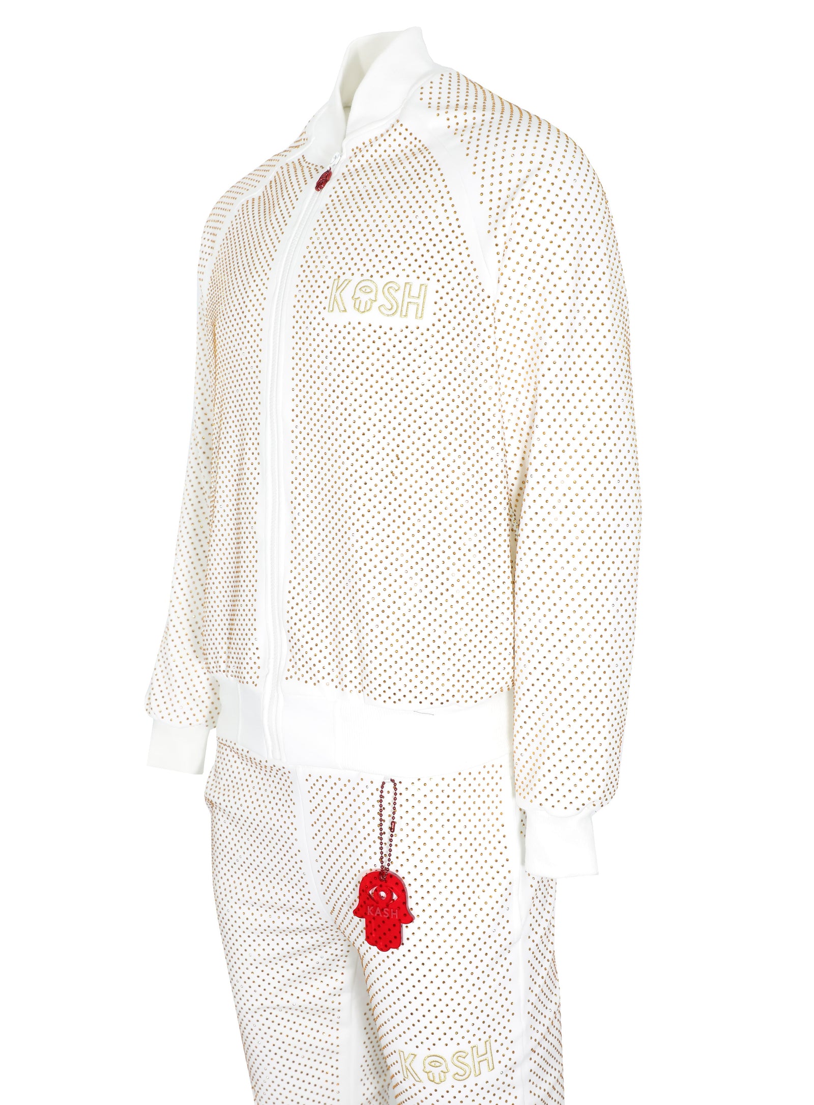 Kash Crystal Track Pants w/ Hamsa Logo 2.0 in white with gold crystals – view 3 of 7
