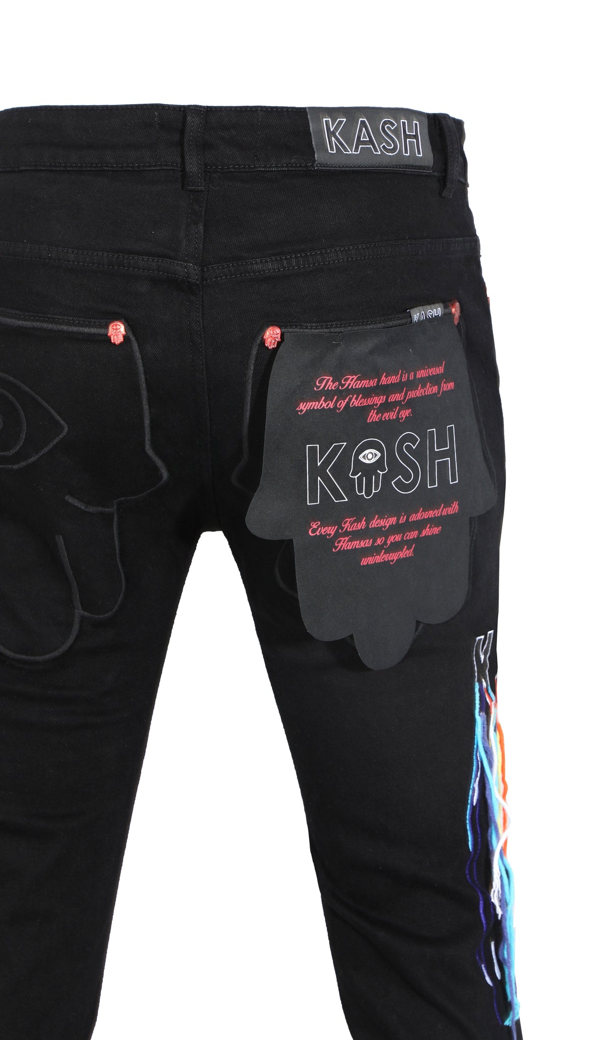HAMSA POCKET DENIM WITH MULTICOLOR STRINGS - BLACK / FINAL SALE