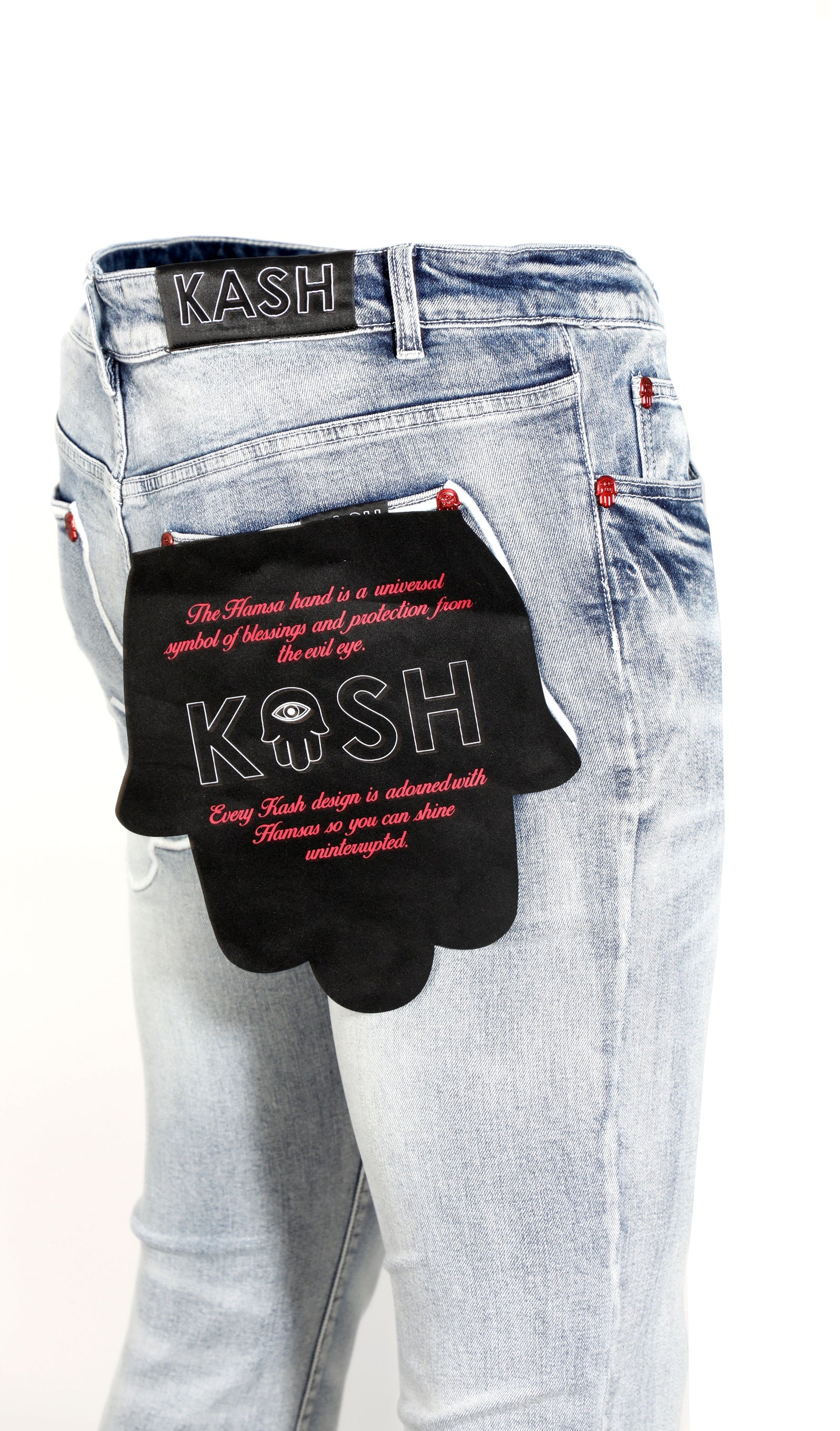 Kash Light Wash Stacked Denim with Hamsa Pocket in blue – view 2 of 3