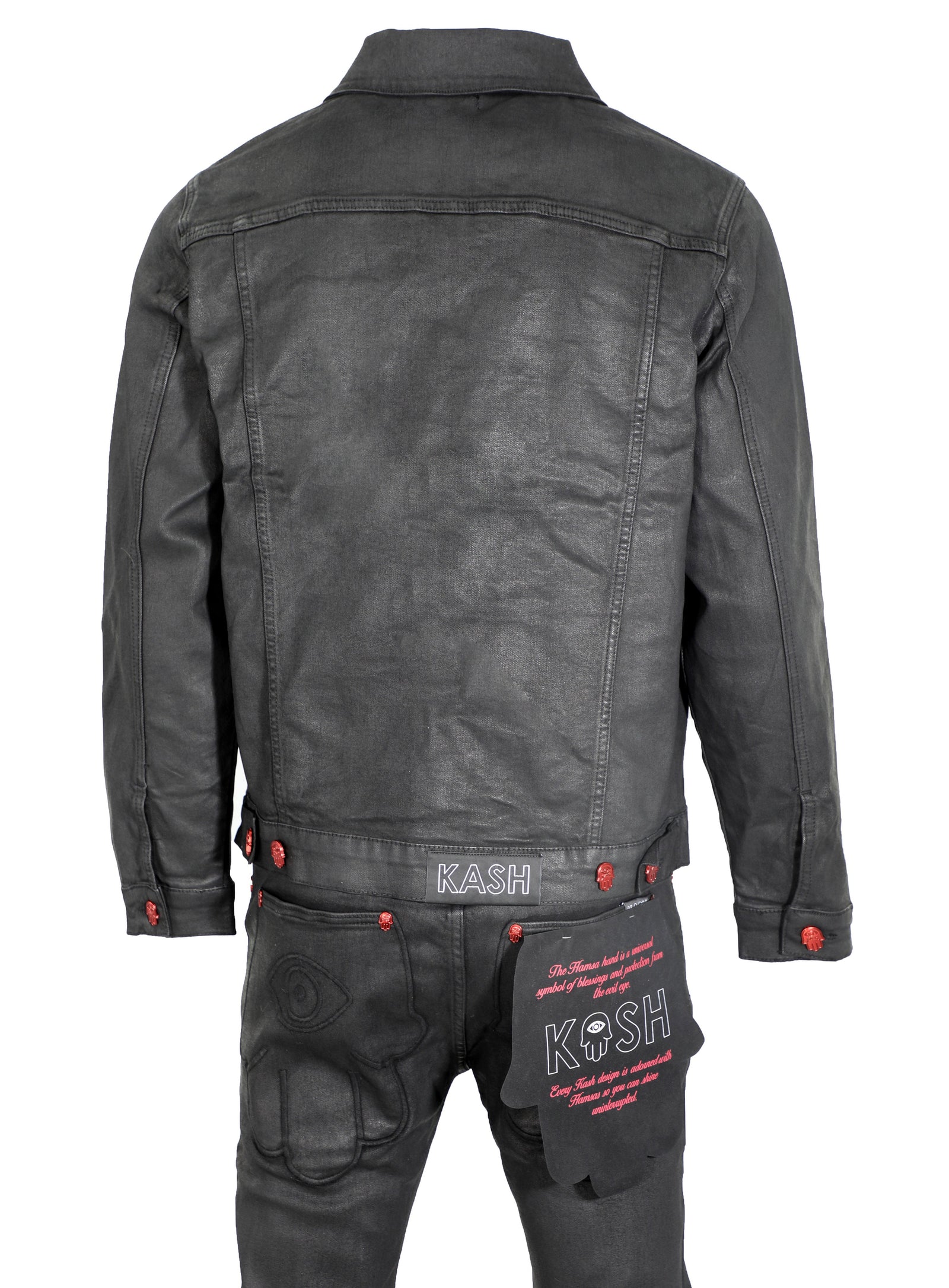 KASH Black Wax Denim Jacket with Red Hamsa Buttons in black – view 4 of 7