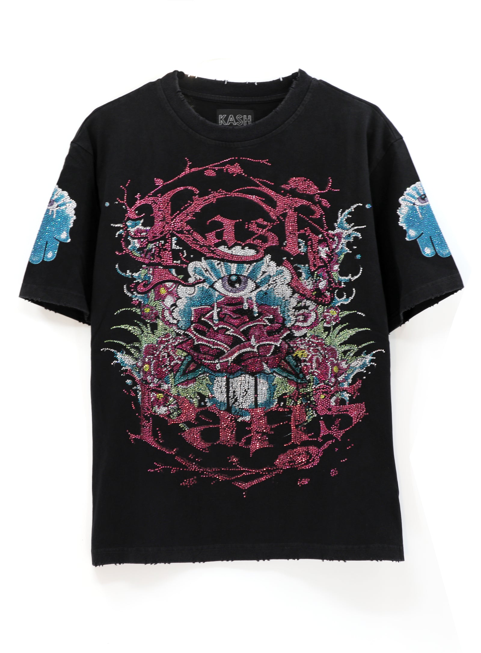 Kash Envenomed Rose Collection short sleeve tee in black with pink graphics and rhinestones – view 1 of 3