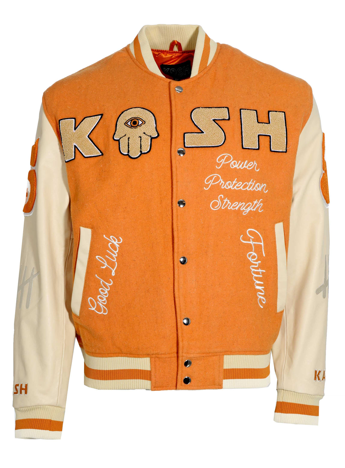 KASH CHENILLE PRINT VARSITY JACKET - ORANGE W/ CREAM