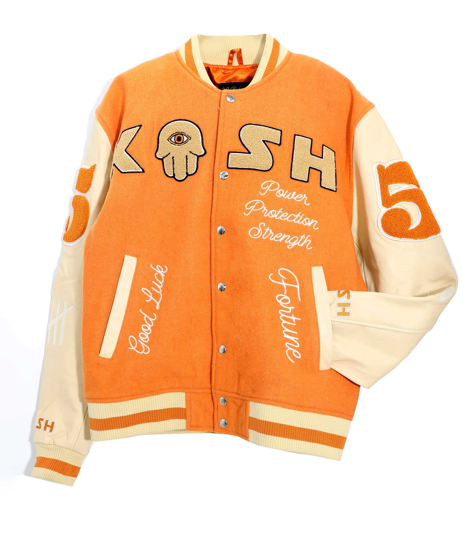 Kash Chenille Print Varsity Jacket in orange with cream – view 2 of 9