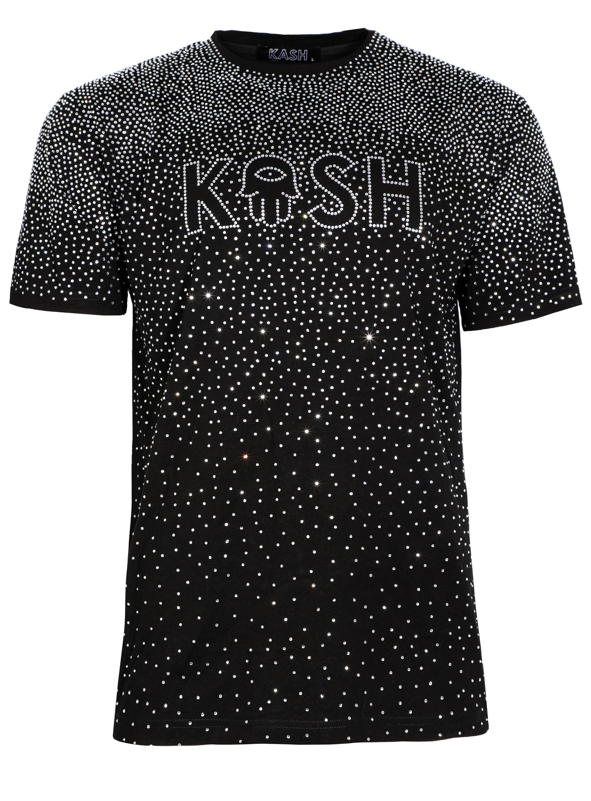 Kash Hamsa logo diamond luxury stretch silky feel tee shirt- true to size - Black/Clear