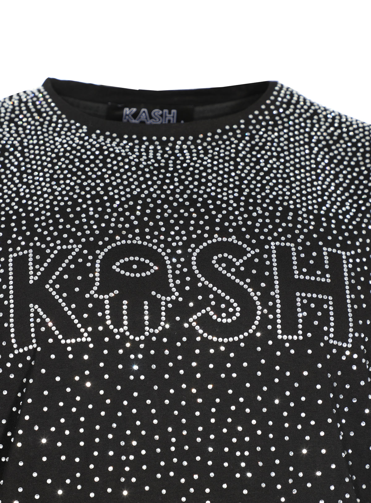 Kash Hamsa logo diamond luxury stretch silky feel tee shirt- true to size - Black/Clear