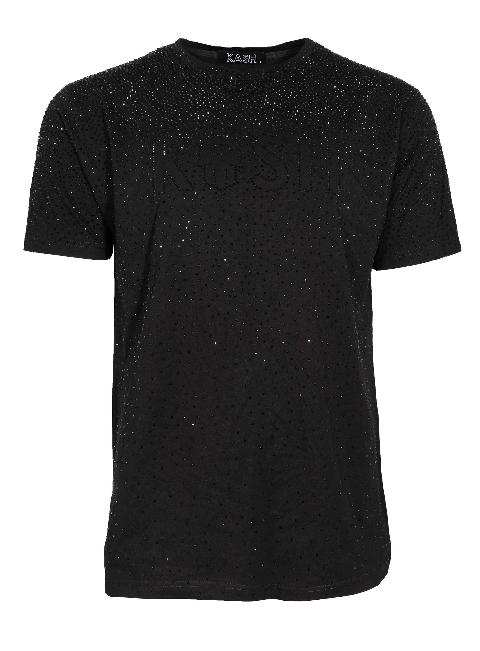 Kash Hamsa Logo Diamond Tee in black, stretch tee with diamond Hamsa logo – view 1 of 2