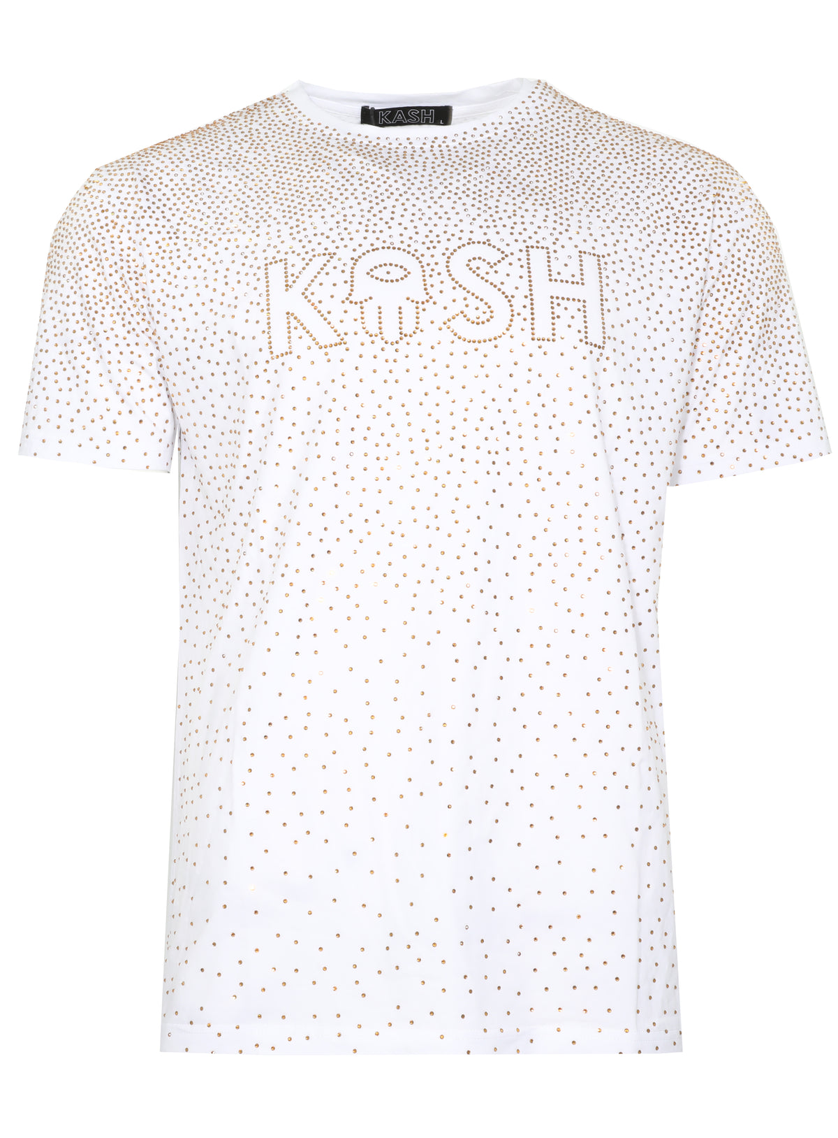 Kash Hamsa logo diamond luxury stretch silky feel tee shirt- true to size -White/Gold