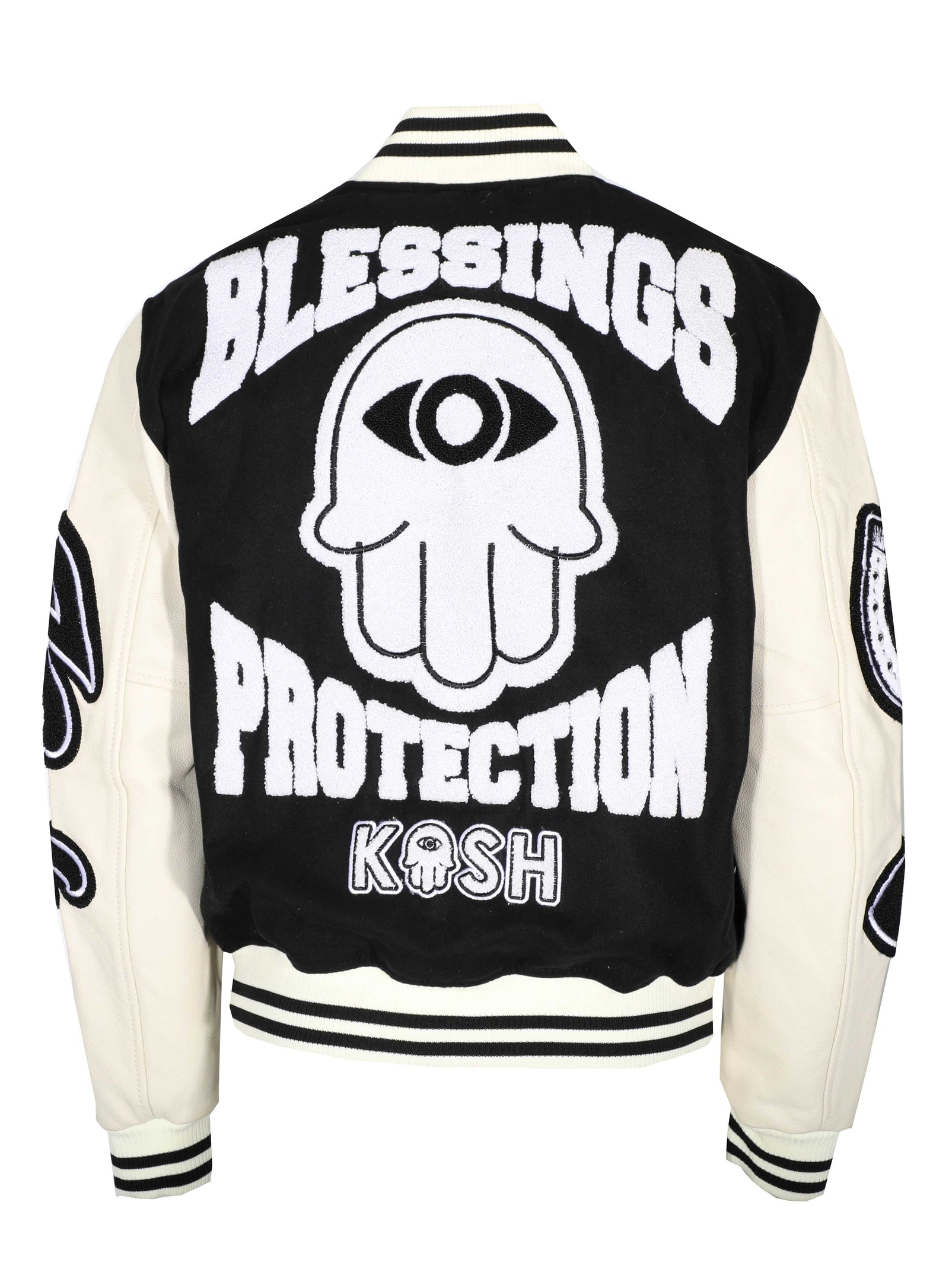 Kash Leather Varsity Jacket with Chenille Details in black/off white – view 4 of 9