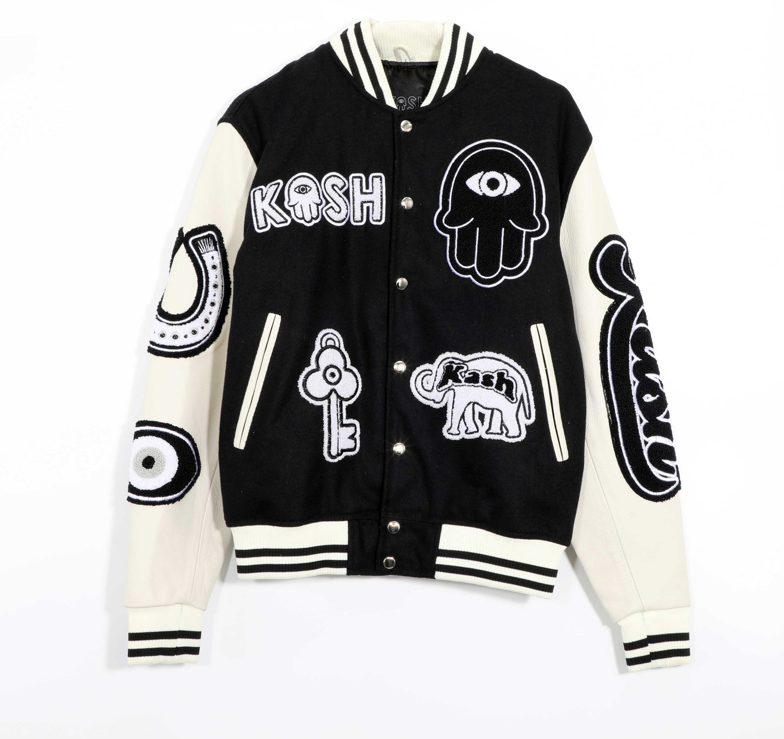 Kash Leather Varsity Jacket with Chenille Details in black/off white – view 1 of 9