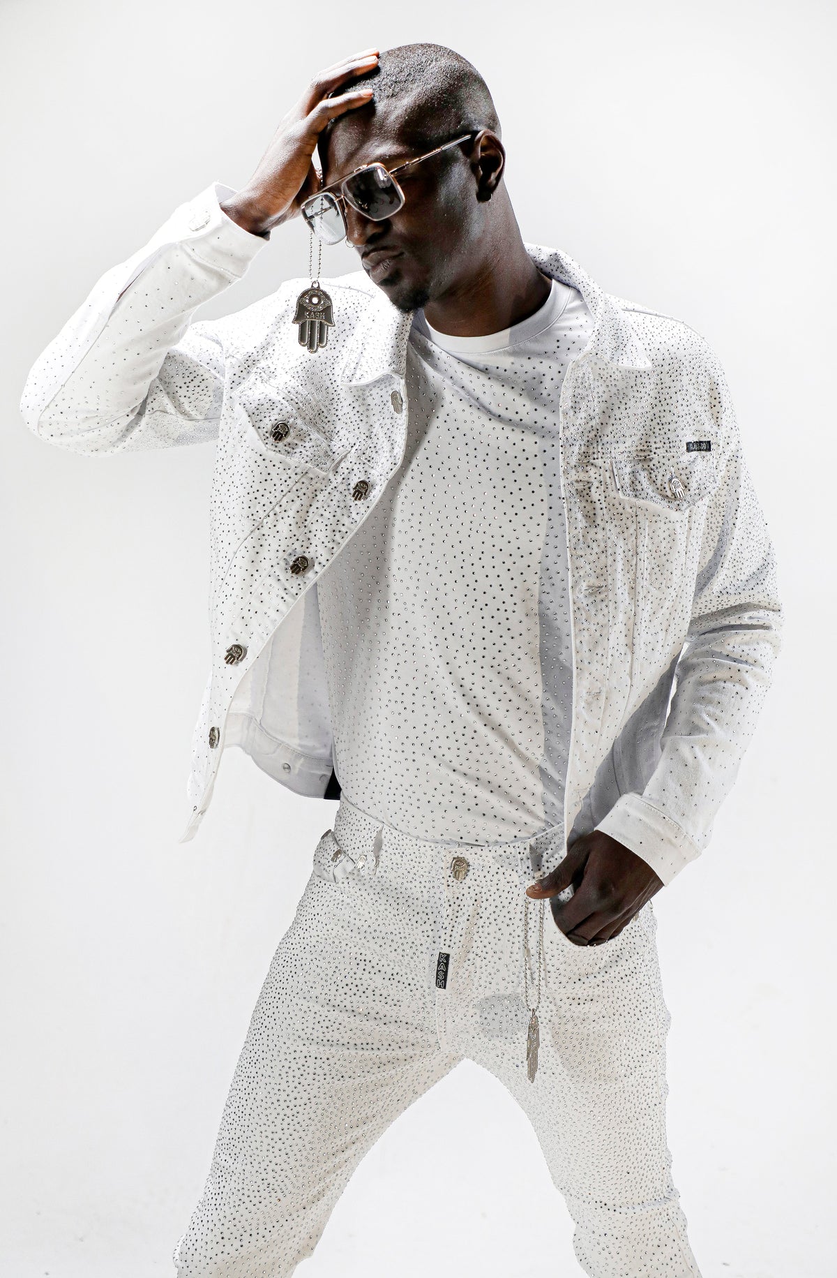 Kash Denim Jacket with Clear Crystals-White