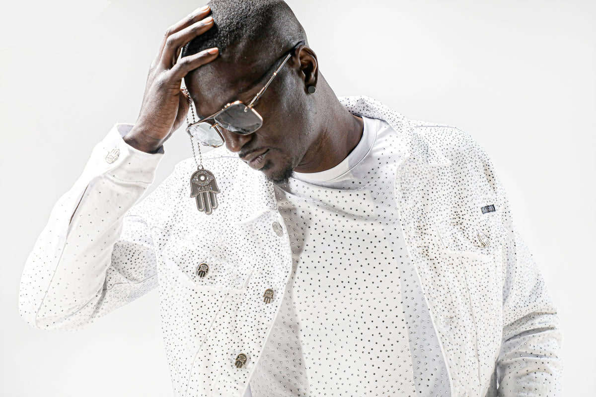 Kash Denim Jacket with Clear Crystals-White