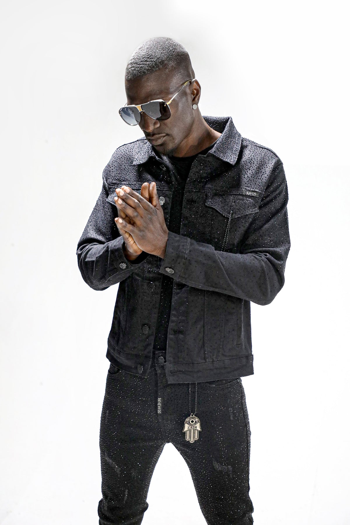 Kash Denim Jacket with Black Crystals-Black