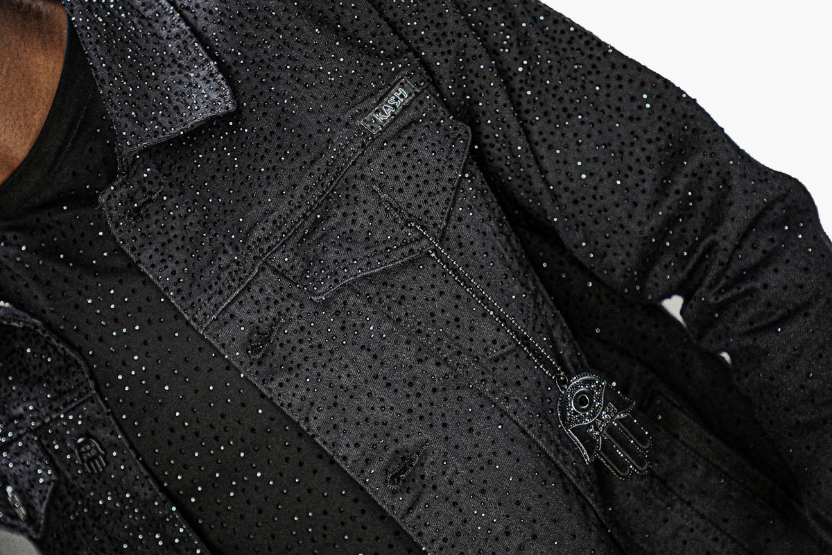 Kash Denim Jacket with Black Crystals-Black