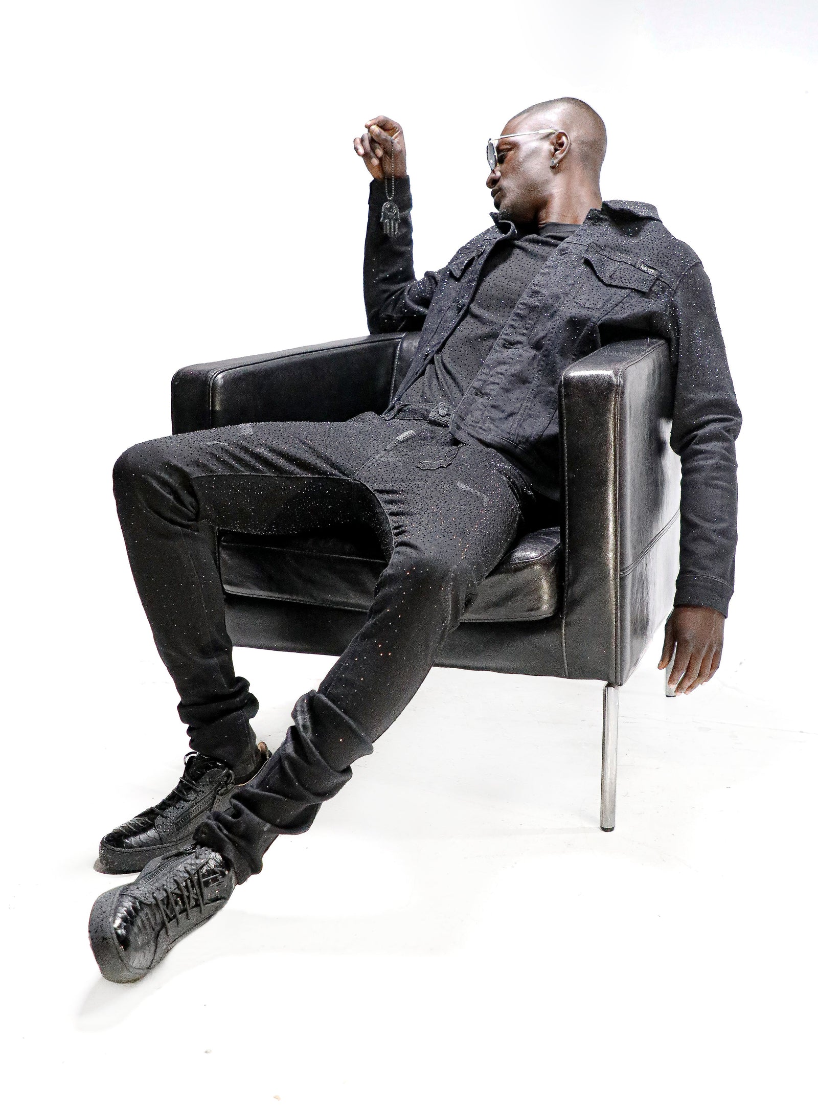 Kash Diamond Denim Jacket Black on Black styled