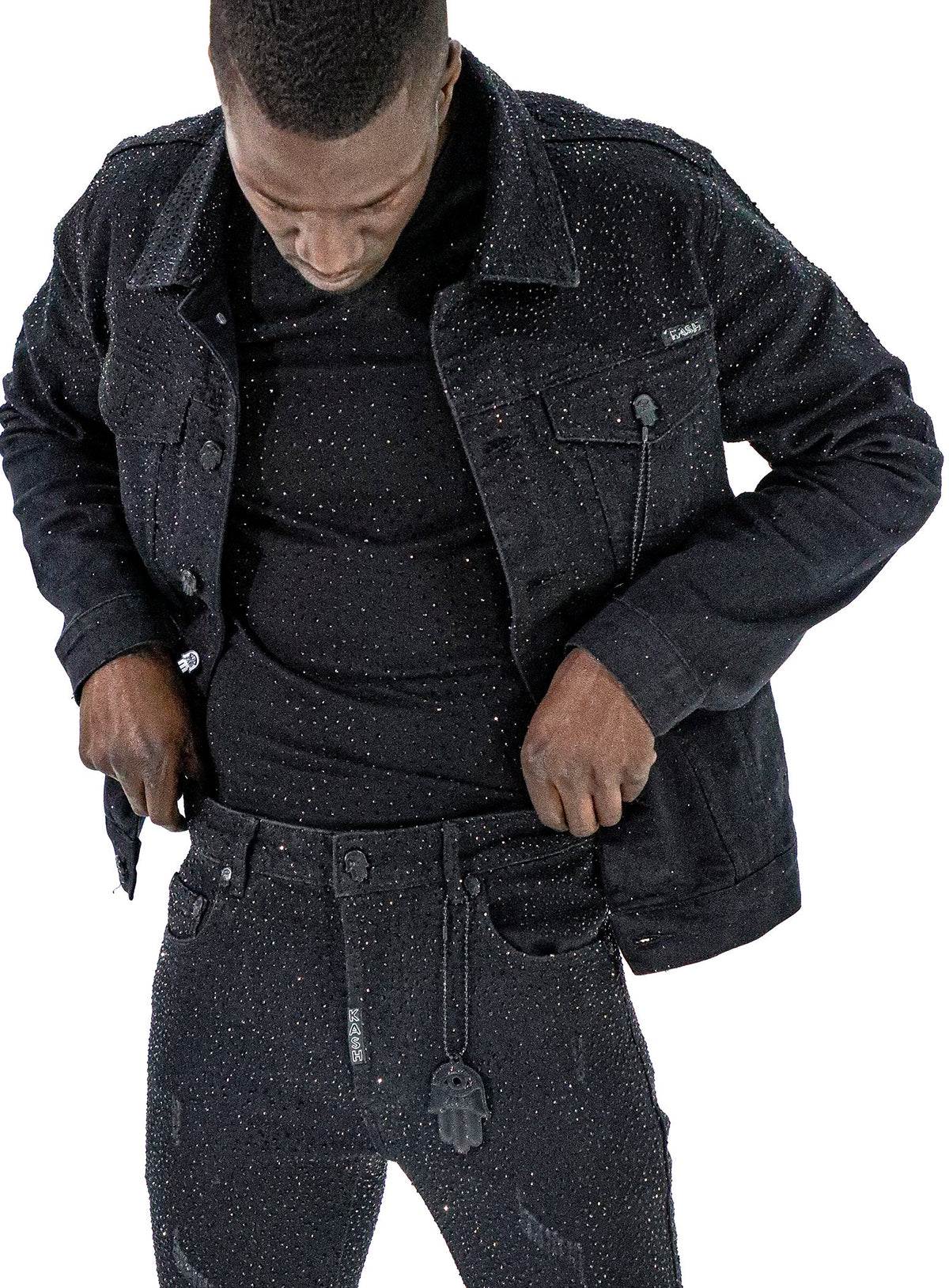 Kash Denim Jacket with Black Crystals-Black