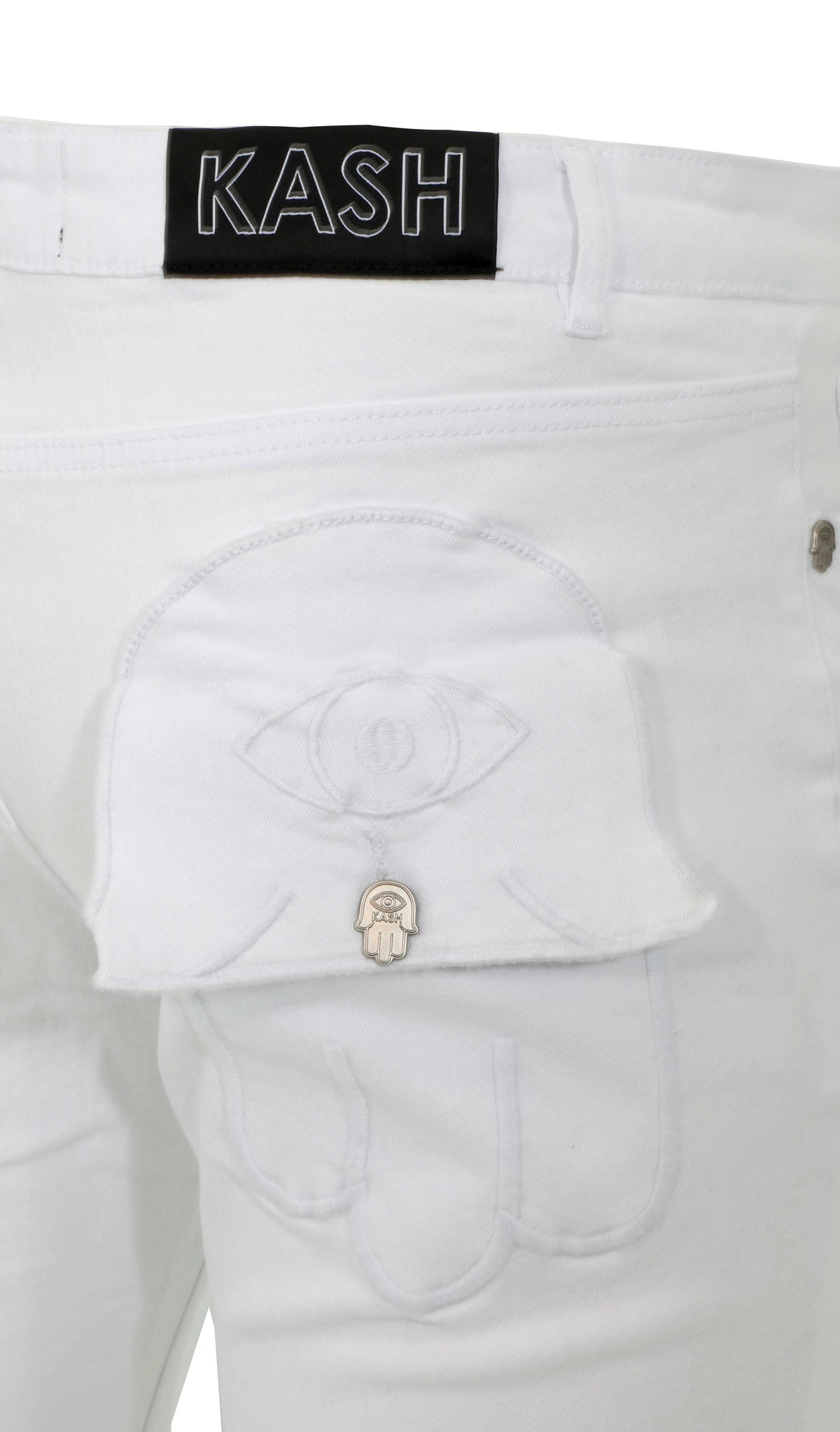 STACKED DENIM HAMSA POCKET W/ EYE - WHITE