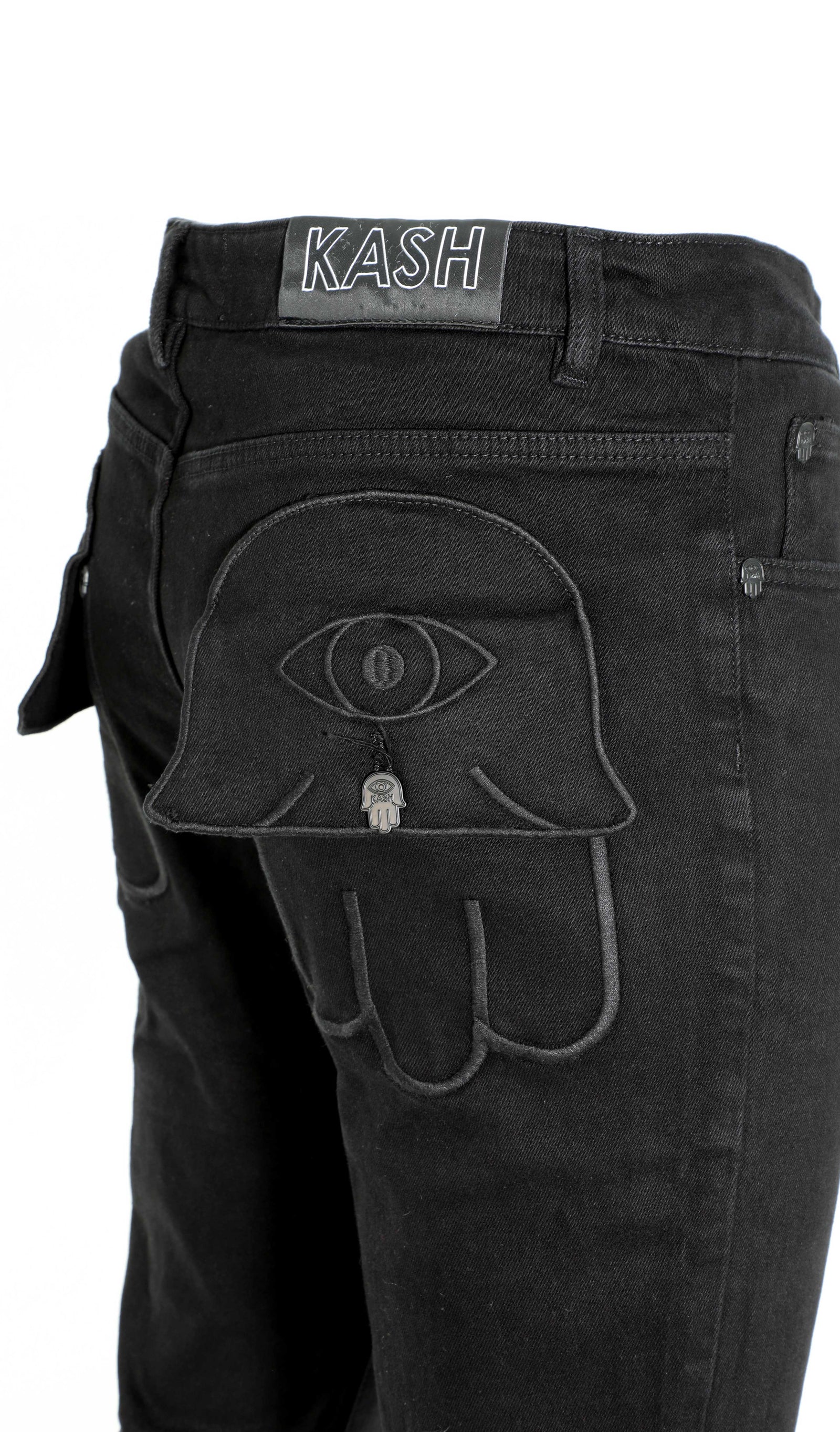 Kash Stacked Denim Hamsa Pocket with Eye Black pocket detail