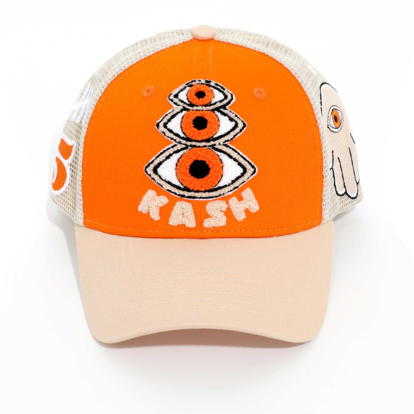 Kash Chenille Hamsa Eyes Snapback in orange with tan – view 1 of 4