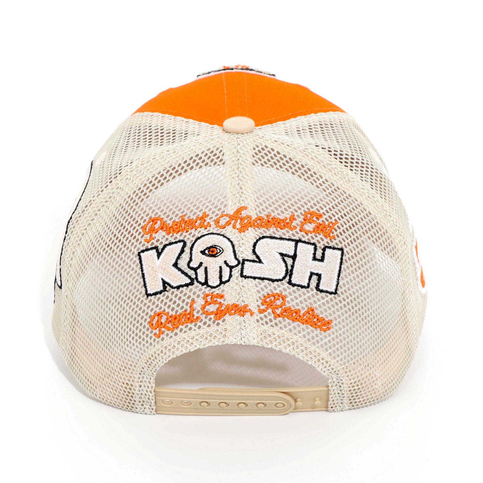Kash Chenille Hamsa Eyes Snapback in orange with tan – view 2 of 4