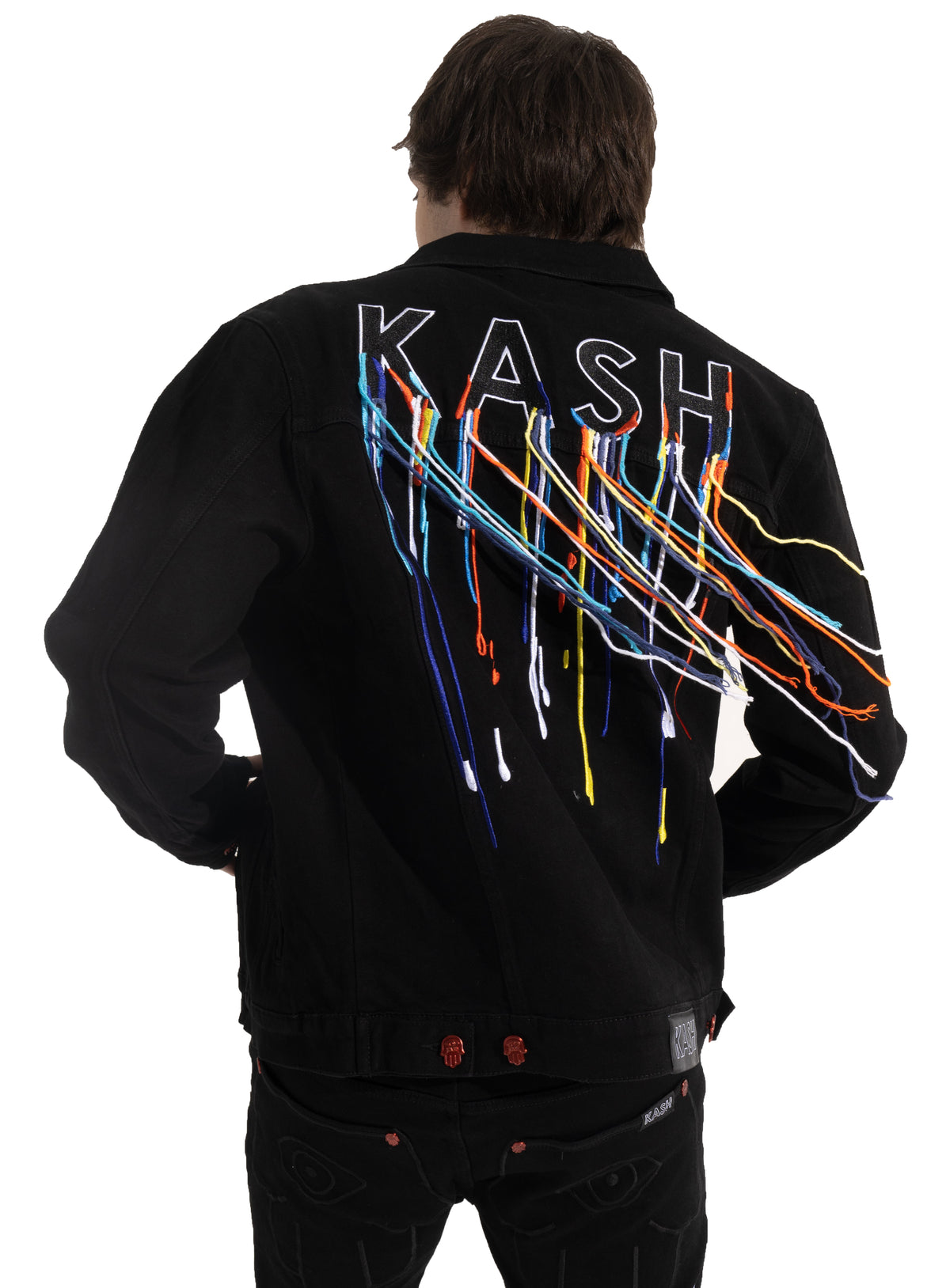 DENIM JACKET WITH MULTICOLOR STRINGS - BLACK