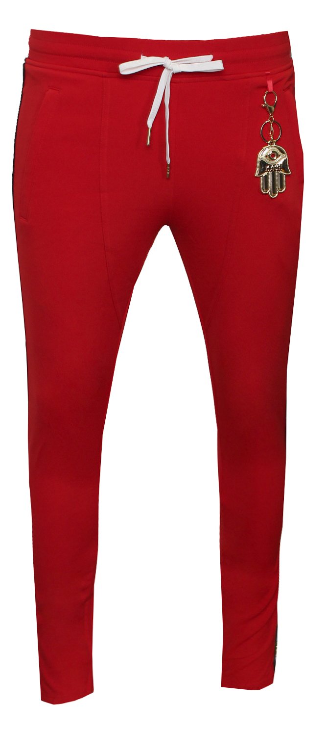 Men's Icon Track Pants with HAMSA Hand and Side Stripes-Red