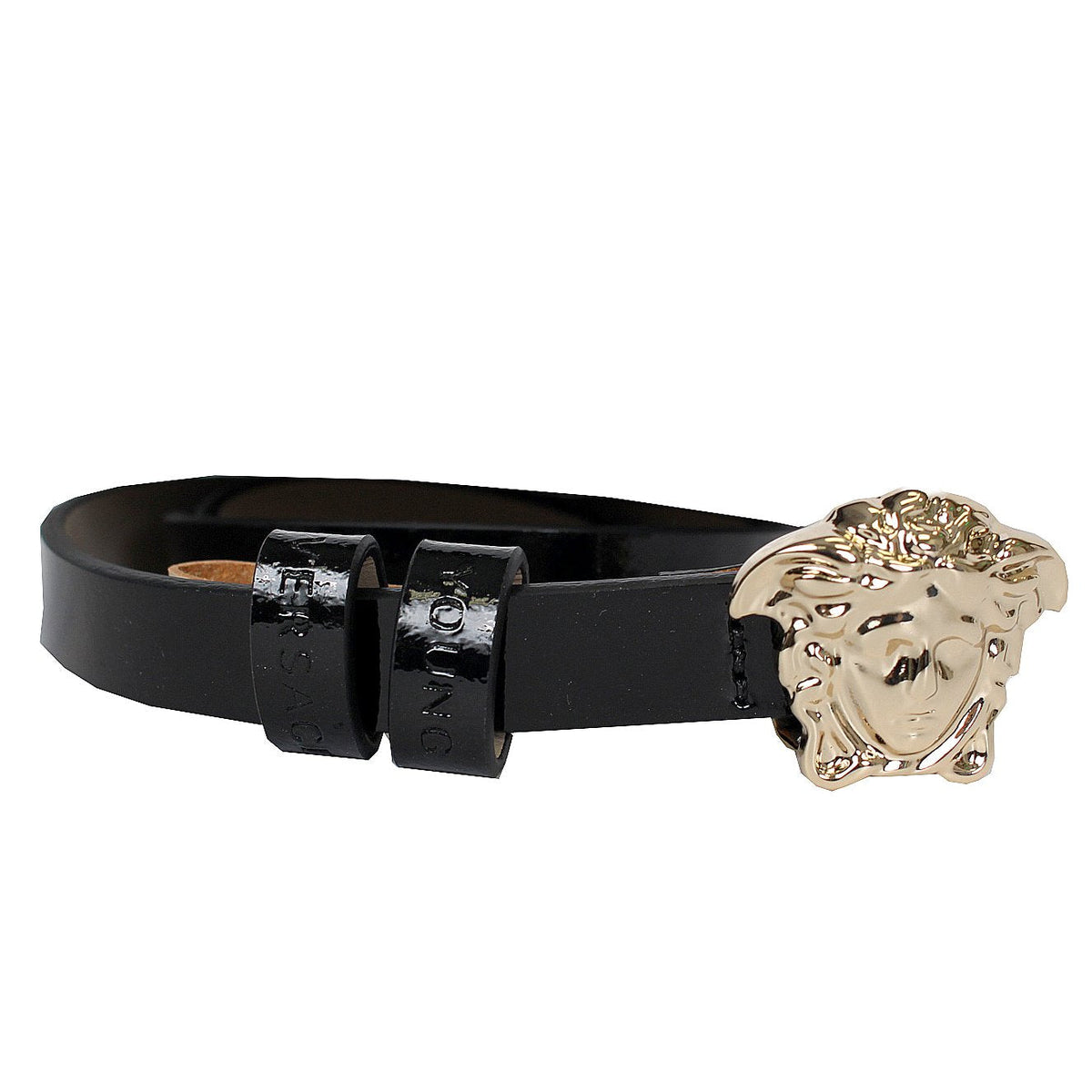 Girls Skinny Leather Belt with Full Gold Medusa Head-Black