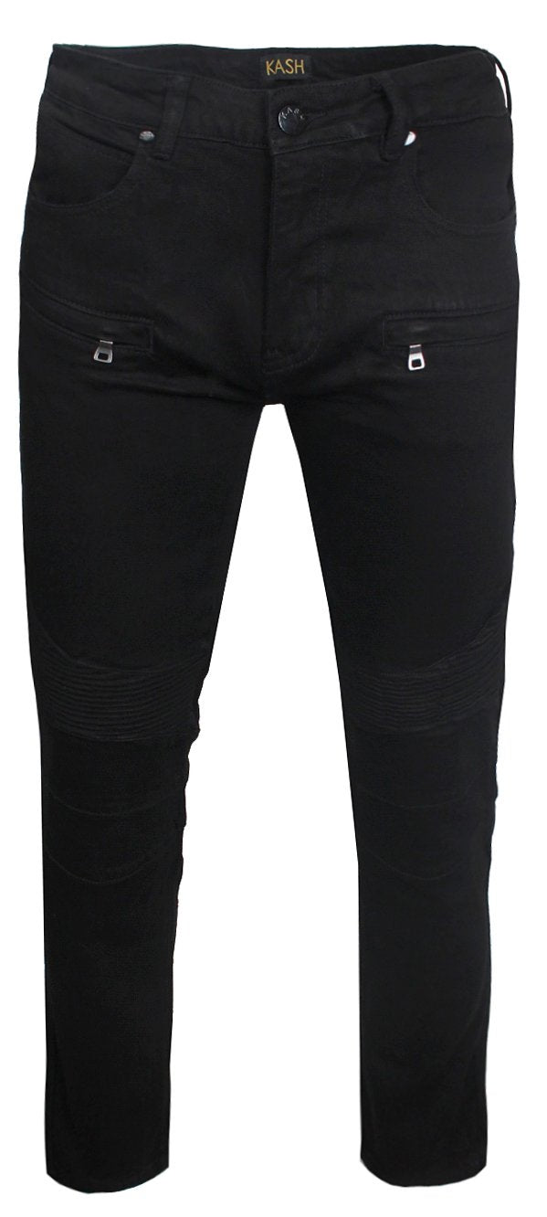 Kash black straight leg biker jeans, front