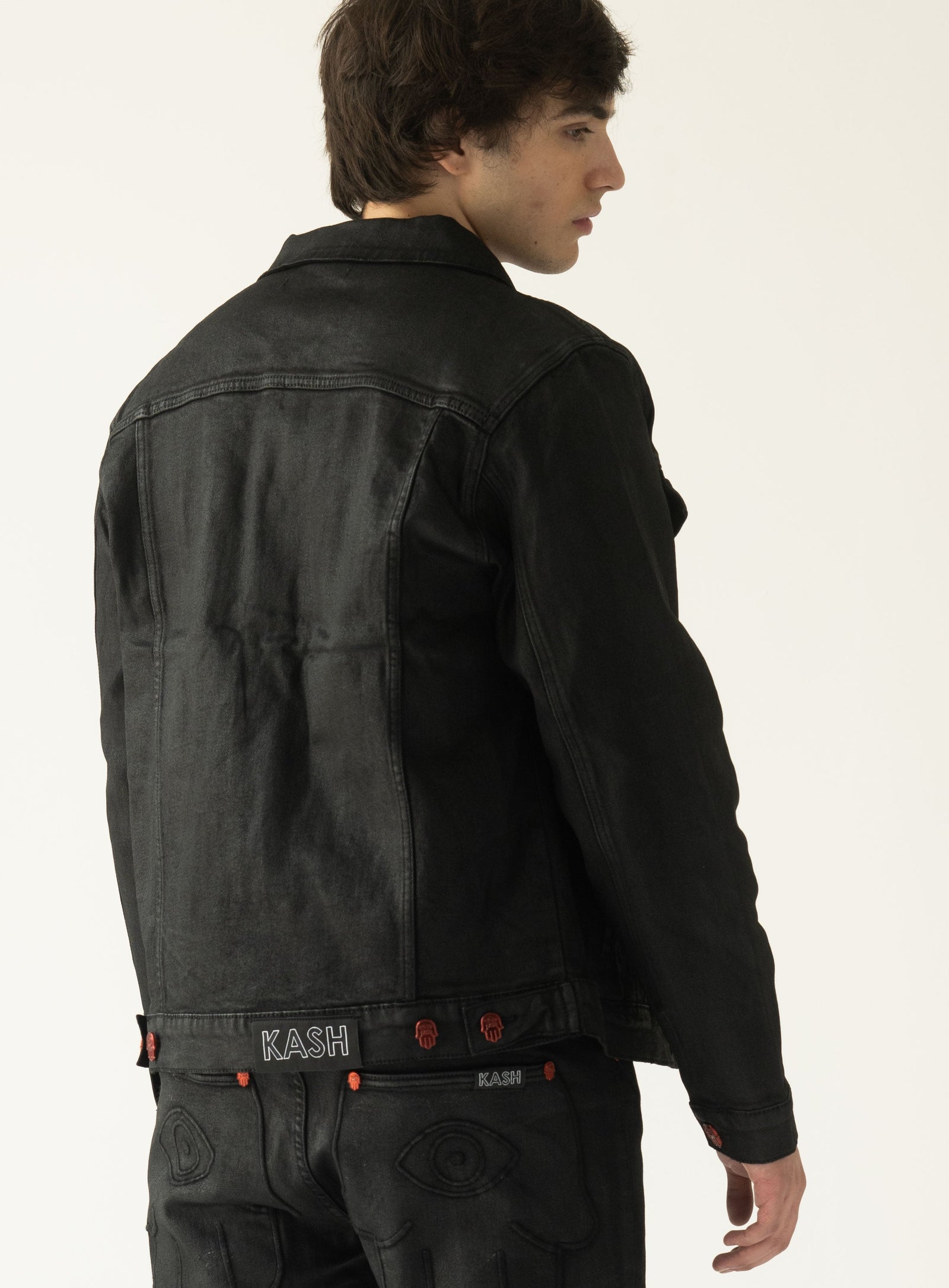 KASH Black Wax Denim Jacket with Red Hamsa Buttons in black – view 3 of 7