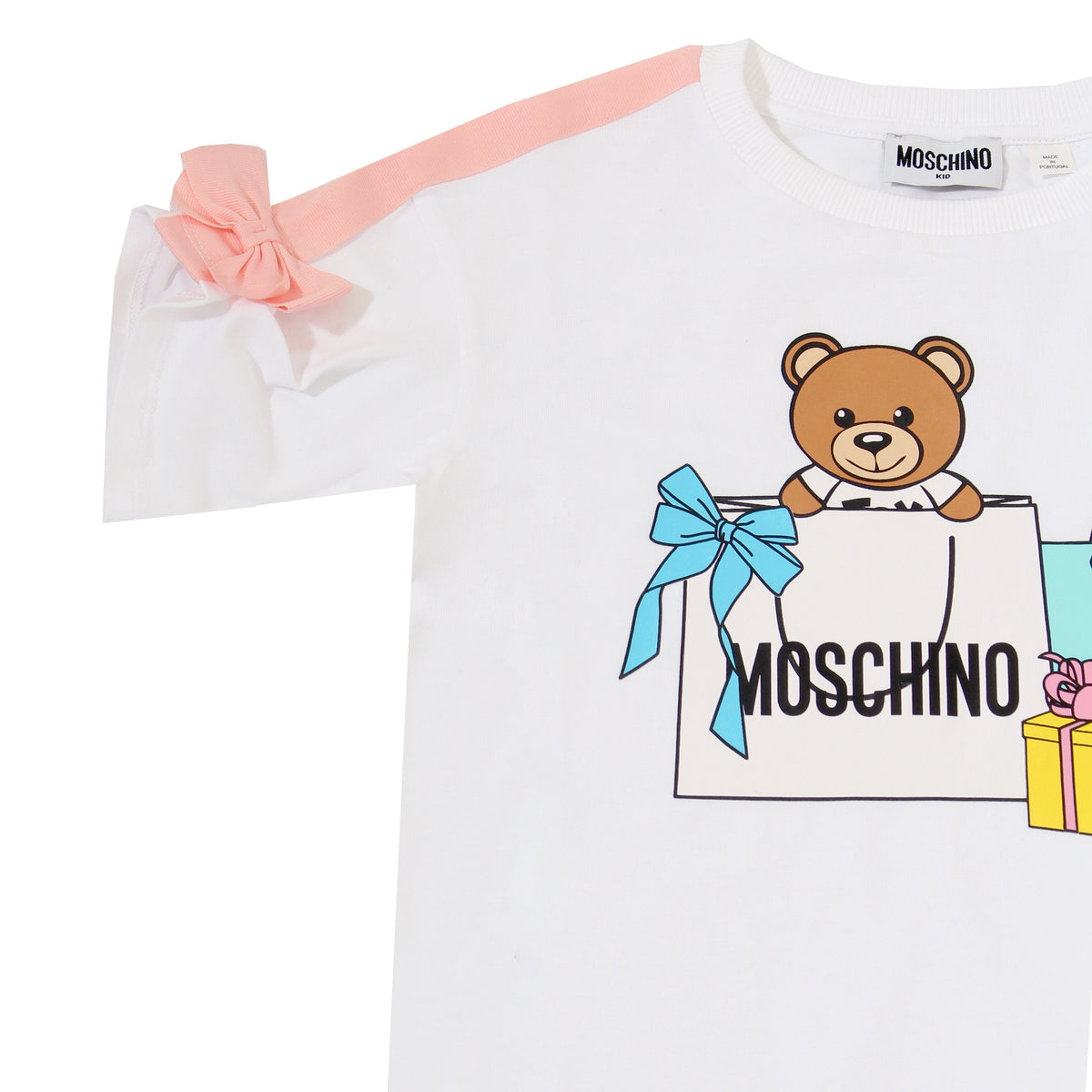 Girls Bow Sleeve Dress with Ruffle Bottom and Present Bear Print