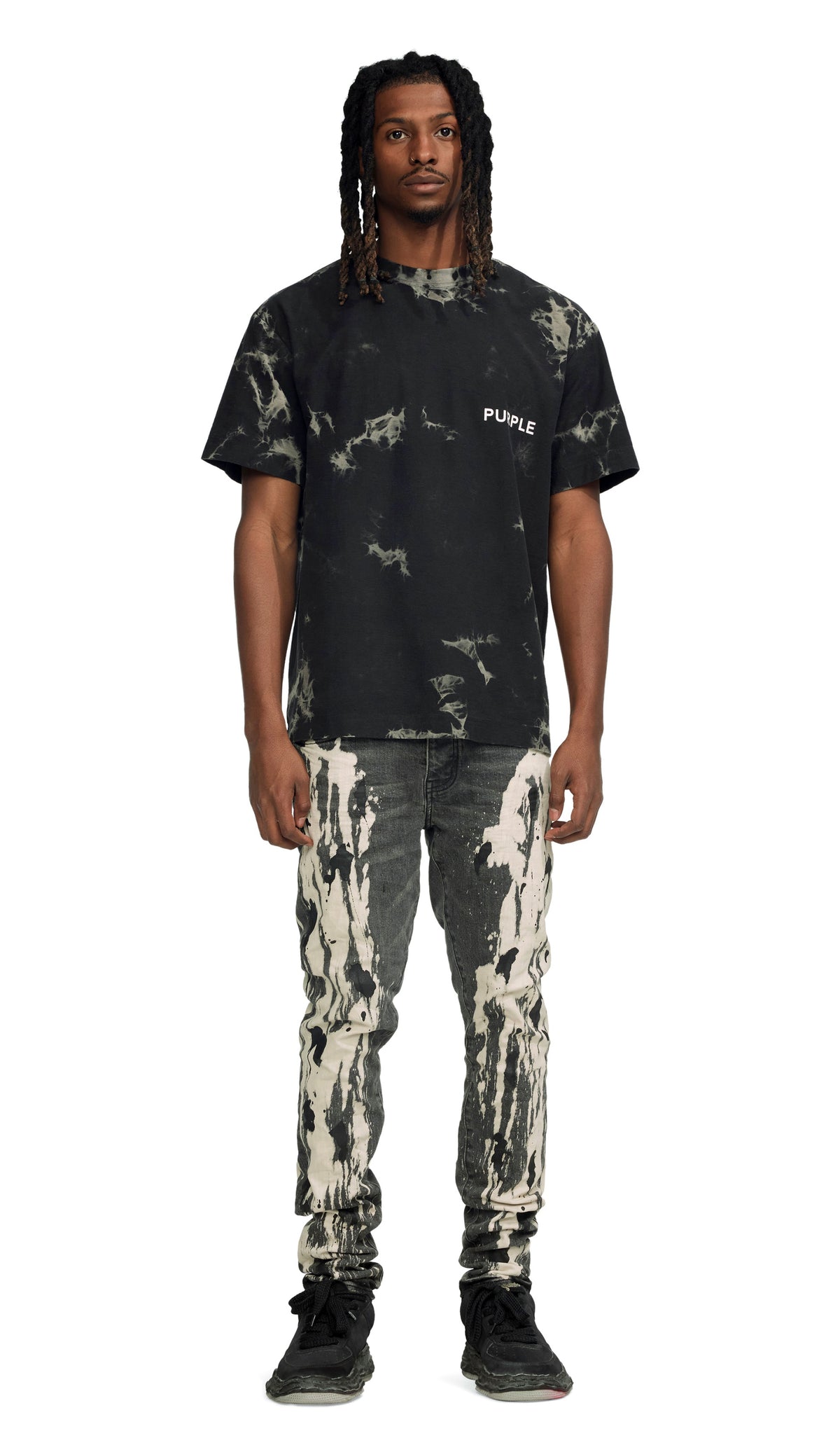 BLACK DENIM W| SPILL BLEACH PAINTT