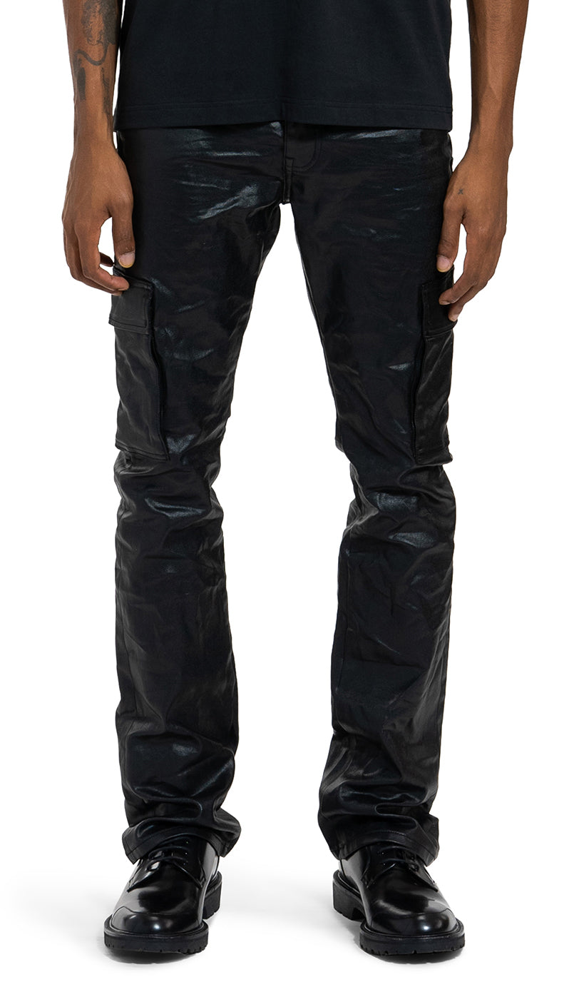 Purple Brand Patent Film Cargo Flare Denim in black – view 3 of 4
