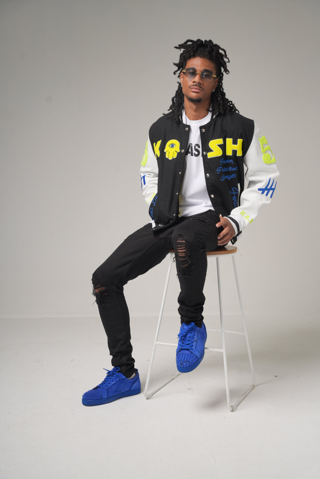 Kash Chenille Varsity Jacket in black with neon green – view 13 of 13