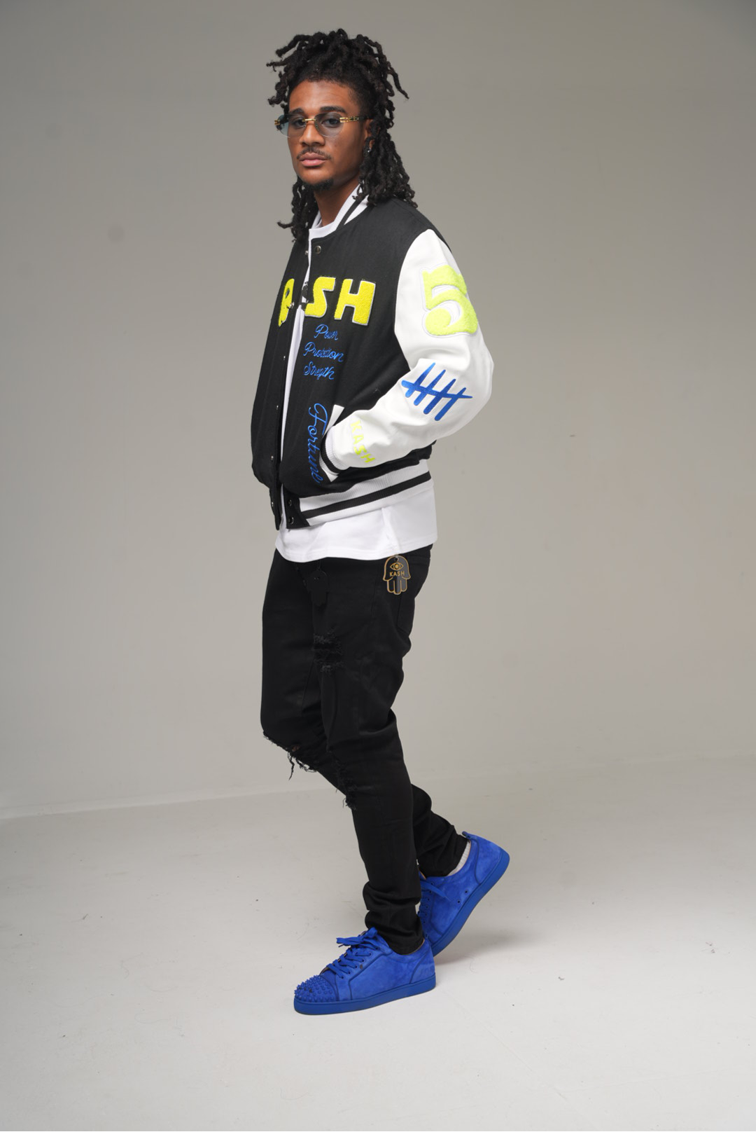 Kash Chenille Varsity Jacket in black with neon green – view 8 of 13