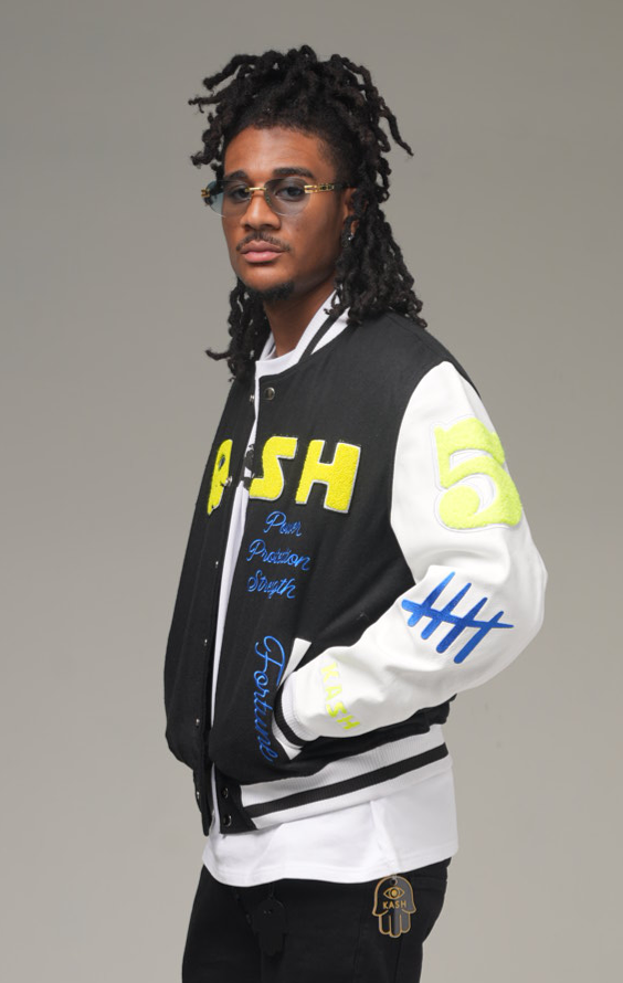 Kash Chenille Varsity Jacket in black with neon green – view 6 of 13