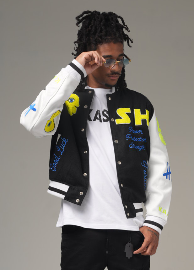 Kash Chenille Varsity Jacket in black with neon green – view 5 of 13