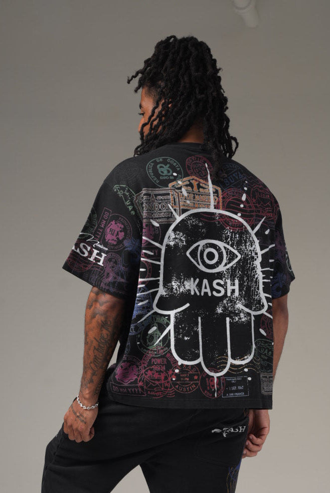 FW25 PACT-19 PASSPORT TEE SHIRT (Boxy/Oversized fit)- BLACK