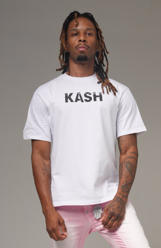 Model wearing the white Maison Kash logo tee, front