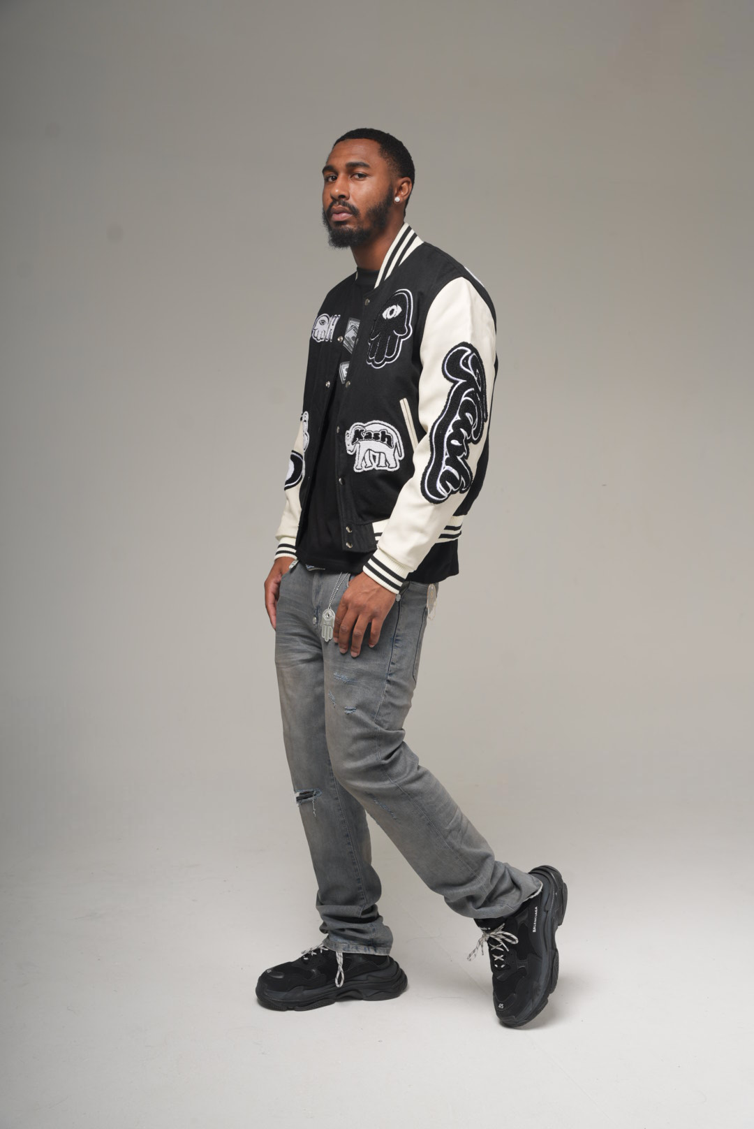 KASH CHENILLE PRINT VARSITY JACKET - BLACK